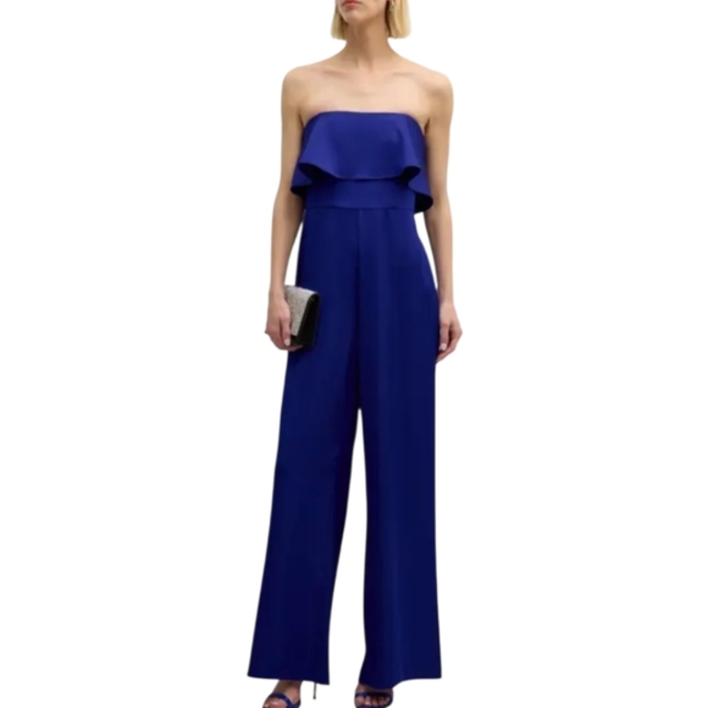 Liv Foster‎ Royal Sapphire Strapless Ruffle Satin Jumpsuit Women's Size 0 New